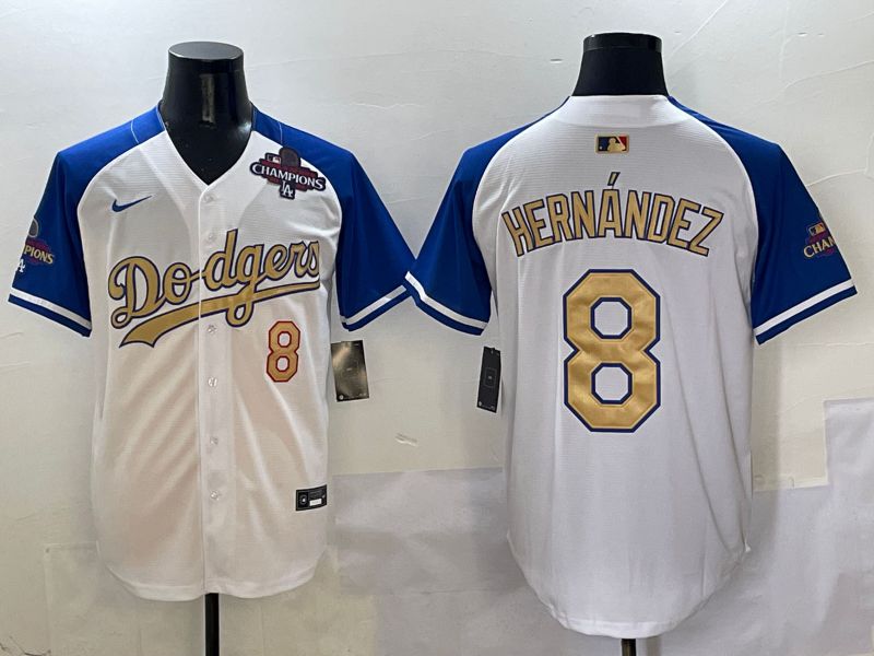 Men Los Angeles Dodgers #8 Hernandez White Blue Gold Game 2025 Nike MLB Jersey style 2